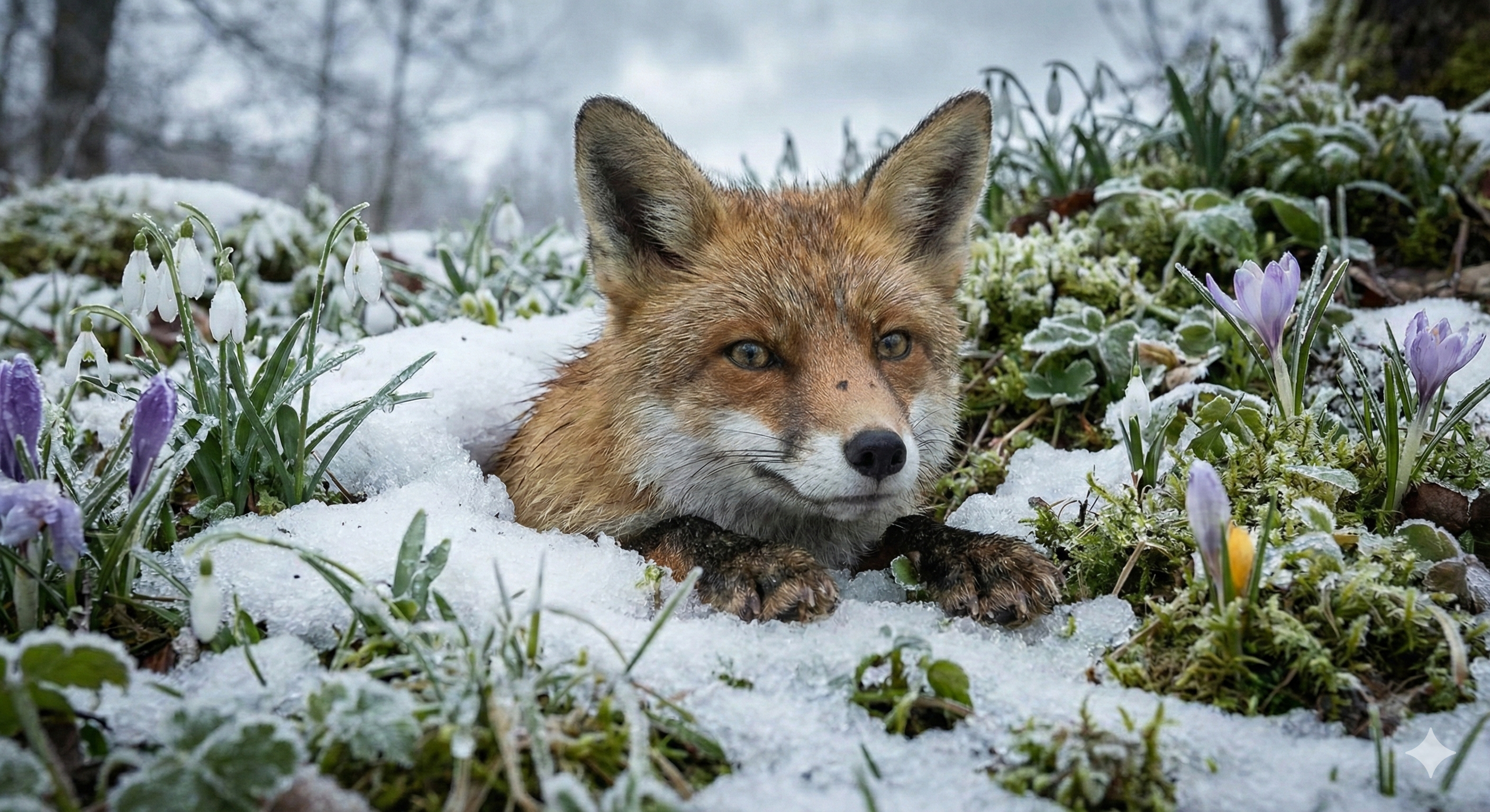 狐狼な狐、春の芽とともに頭を出す (Gemini 画像生成)