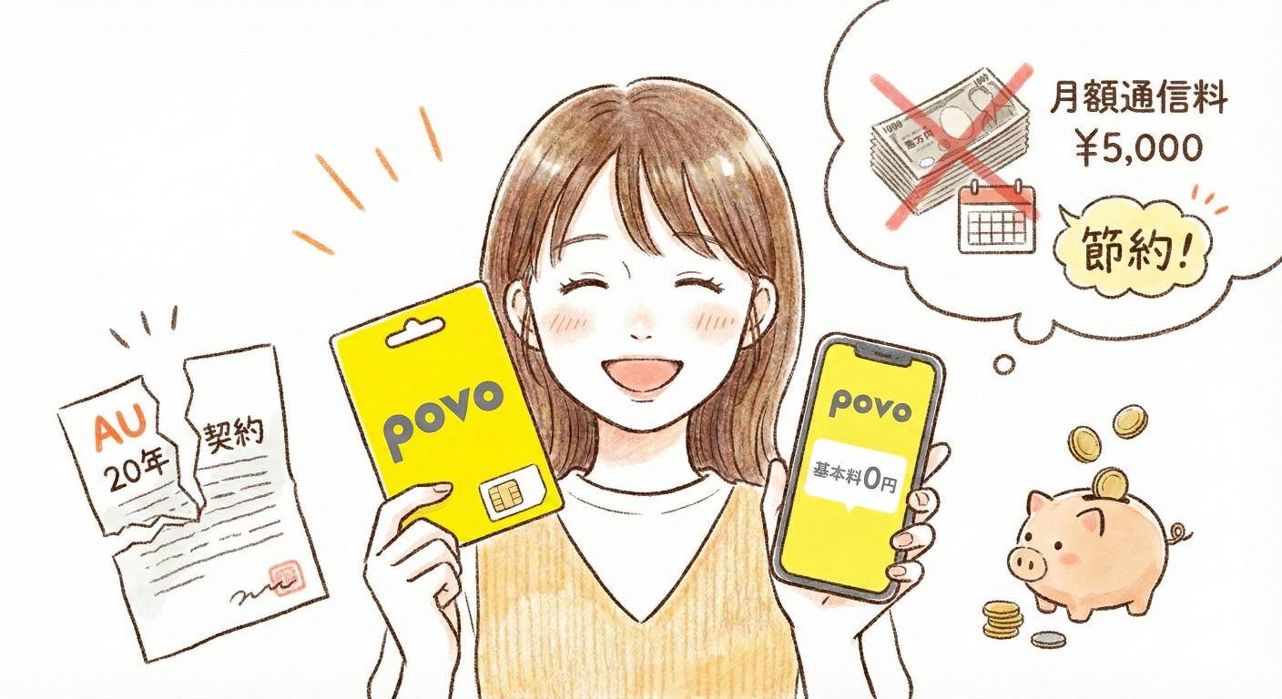 AUを解約してpovoに加入した女性のイラスト (Gemini 画像生成)