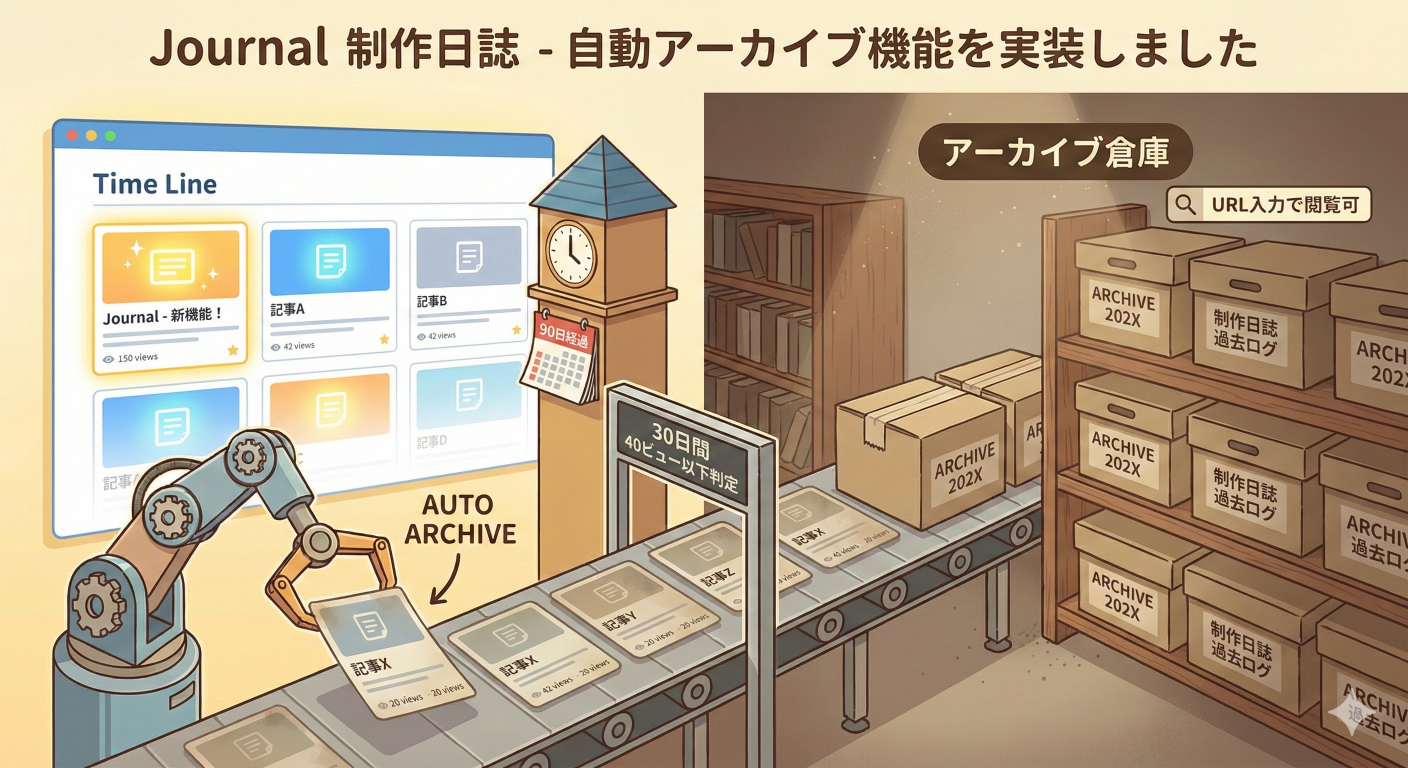自動でブログの記事をアーカイブしている機械のイラスト (Gemini 画像生成)