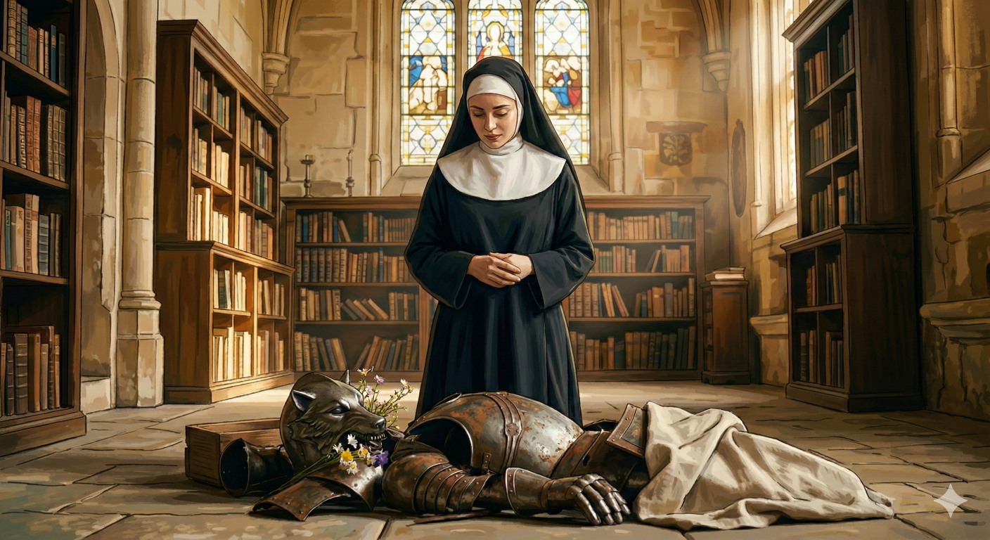 狼の鎧を脱いだ後のシスターの微笑み (Gemini 画像生成)