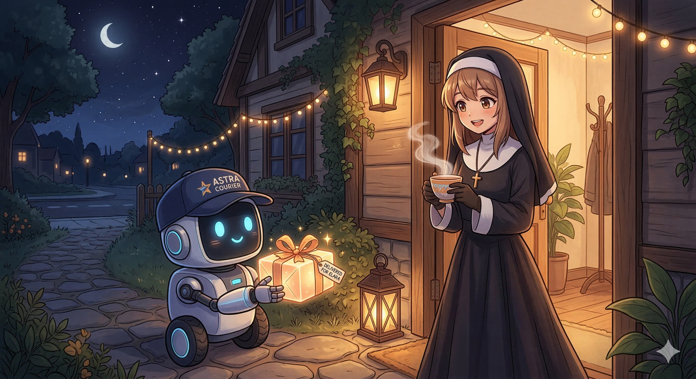 お茶を持ちながらロボットの宅配便を待つシスターさん (Gemini 画像生成)