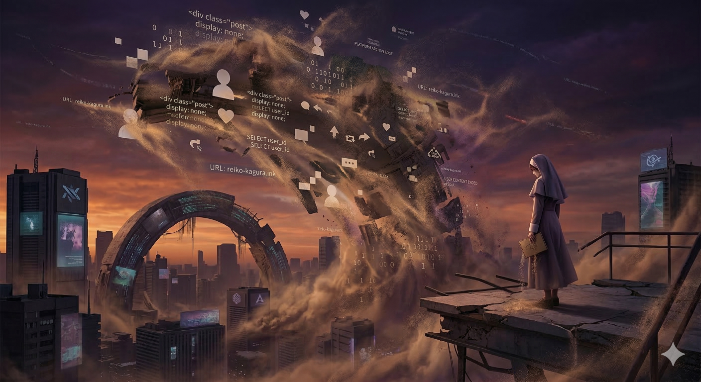 砂に飲み込まれるSNSを悲しむシスターさん (Gemini 画像生成)